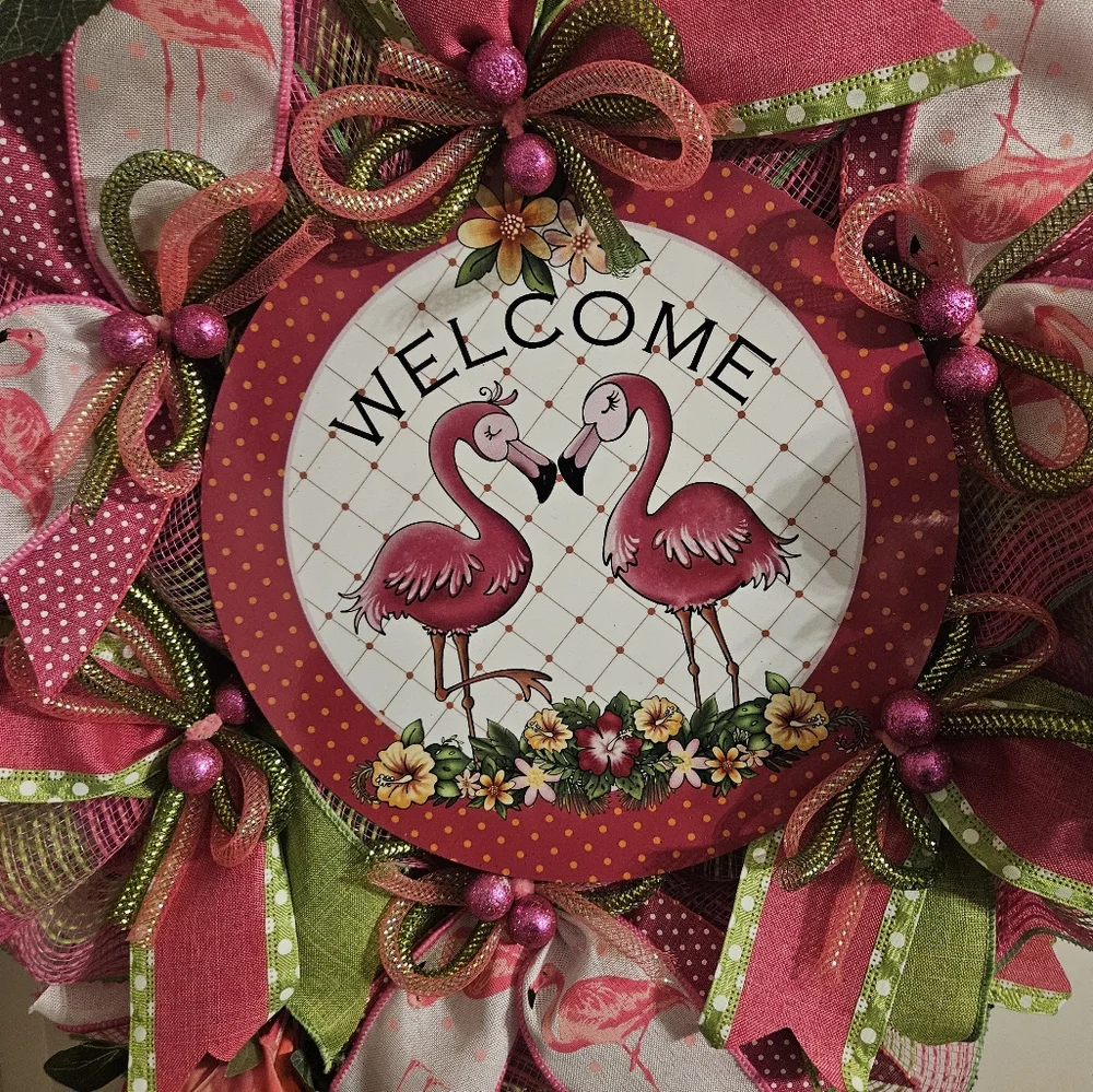 Festive Pink and Green Flamingo Wreath